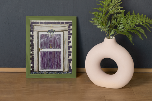 A hand-painted artwork of a purple door surrounded by textured brick walls, adorned with a hanging floral wreath and a golden door knocker.