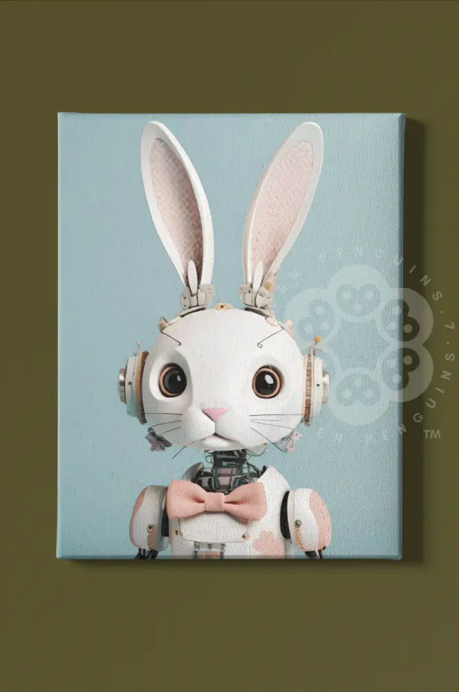 A charming cybernetic rabbit wearing a bow tie, designed with subtle mechanical details and set against a pastel blue background. Perfect for whimsical and sci-fi-inspired spaces.