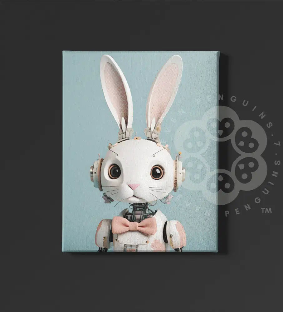 A charming cybernetic rabbit wearing a bow tie, designed with subtle mechanical details and set against a pastel blue background. Perfect for whimsical and sci-fi-inspired spaces.