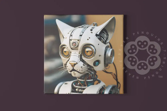 A futuristic robotic cat with intricate mechanical details and golden eyes, blending elegance and innovation. Perfect for sci-fi enthusiasts and cat lovers.