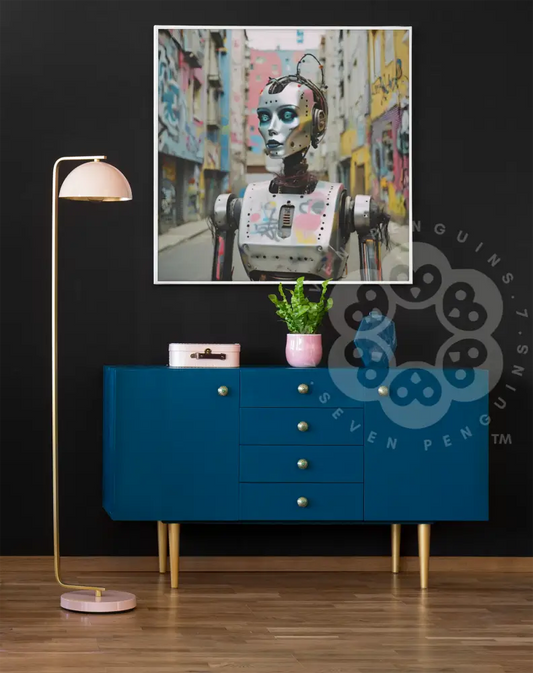 A canvas art capturing a sleek, humanoid robot with piercing blue eyes, adorned with intricate mechanical details, set against a vibrant graffiti-covered urban backdrop. 