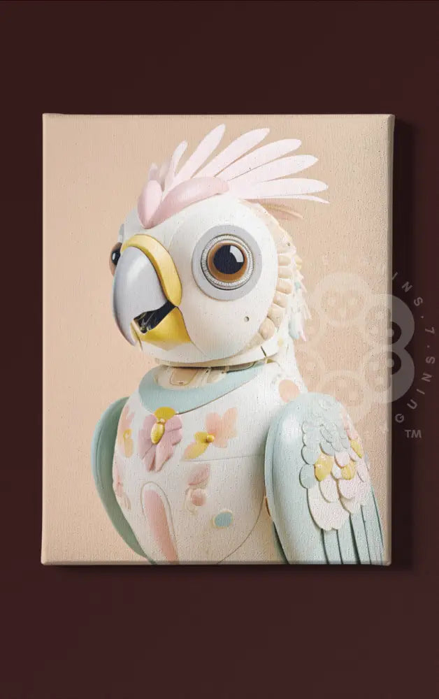 A pastel-toned robotic parrot with floral patterns, blending delicate natural beauty with futuristic mechanical design. Perfect for whimsical and sophisticated spaces.