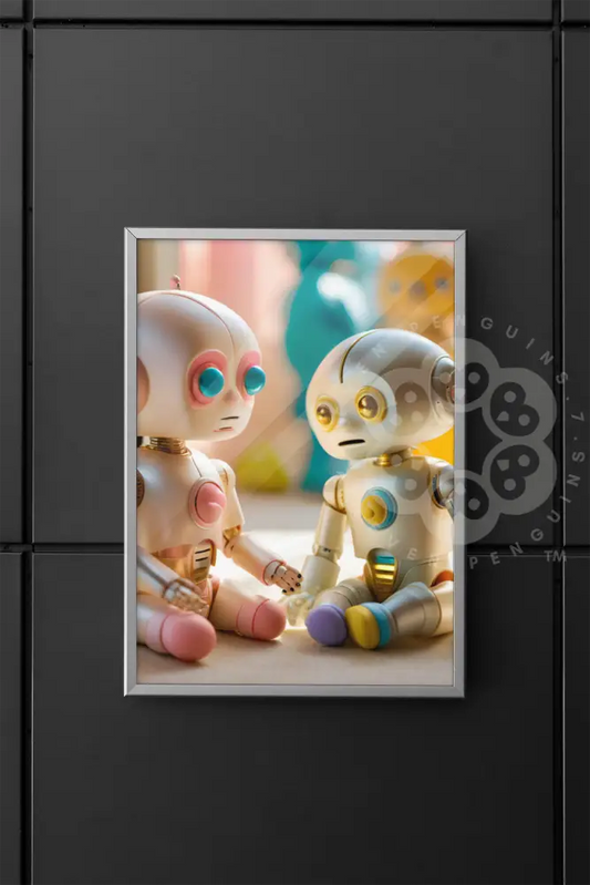 Two pastel-colored robots sitting close together, holding hands in a vibrant setting with soft toys and colorful backgrounds, showcasing emotional connection.