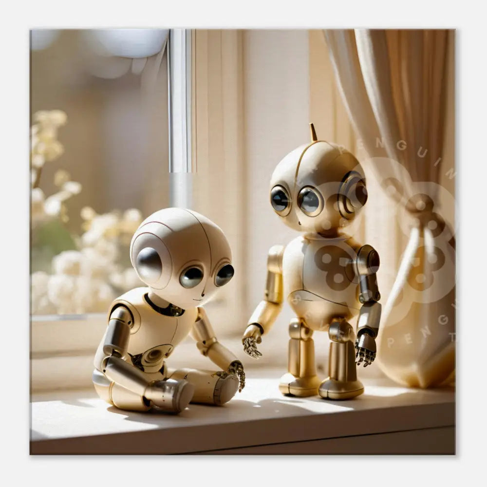 Two golden robots by a sunlit window, one sitting and the other standing, sharing a quiet moment of reflection with soft curtains and delicate flowers in the background.