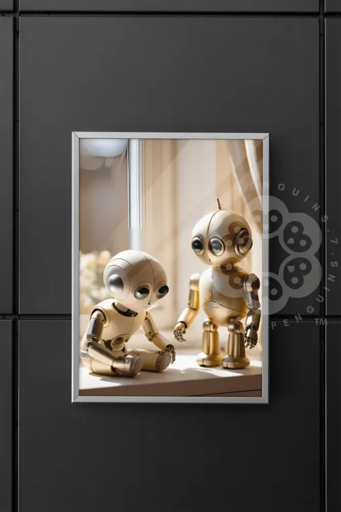 Two golden robots by a sunlit window, one sitting and the other standing, sharing a quiet moment of reflection with soft curtains and delicate flowers in the background.