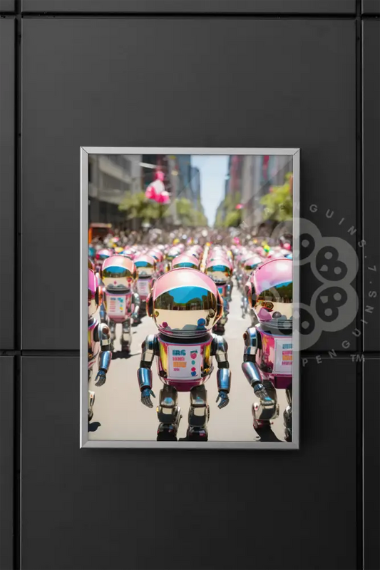  A unified march of pink robots symbolizing their quest for fairness and equality in a futuristic society.