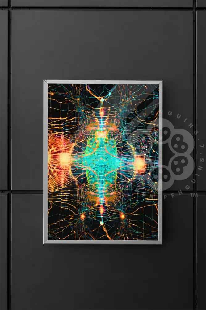 Abstract digital art featuring a glowing central core surrounded by colorful neural networks, symbolizing AI's evolution toward consciousness.