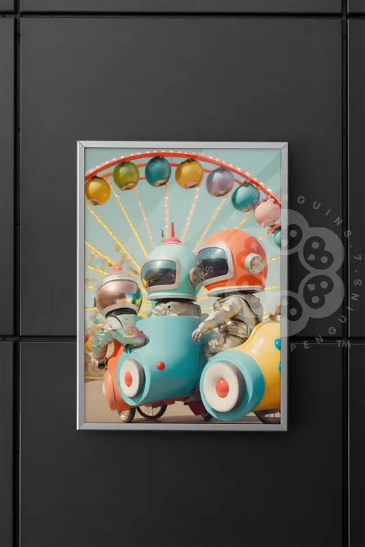 Three colorful space robots riding a retro-futuristic vehicle in front of a Ferris wheel at a lively carnival. The image embodies the joy of friendship, fun, and carefree exploration in a playful and vibrant setting