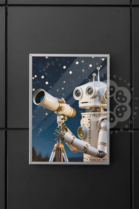 A humanoid robot standing under a starry night sky, gazing through a golden telescope. The scene captures the joy of exploration and the wonder of discovering the cosmos, blending futuristic technology with a sense of childlike curiosity.