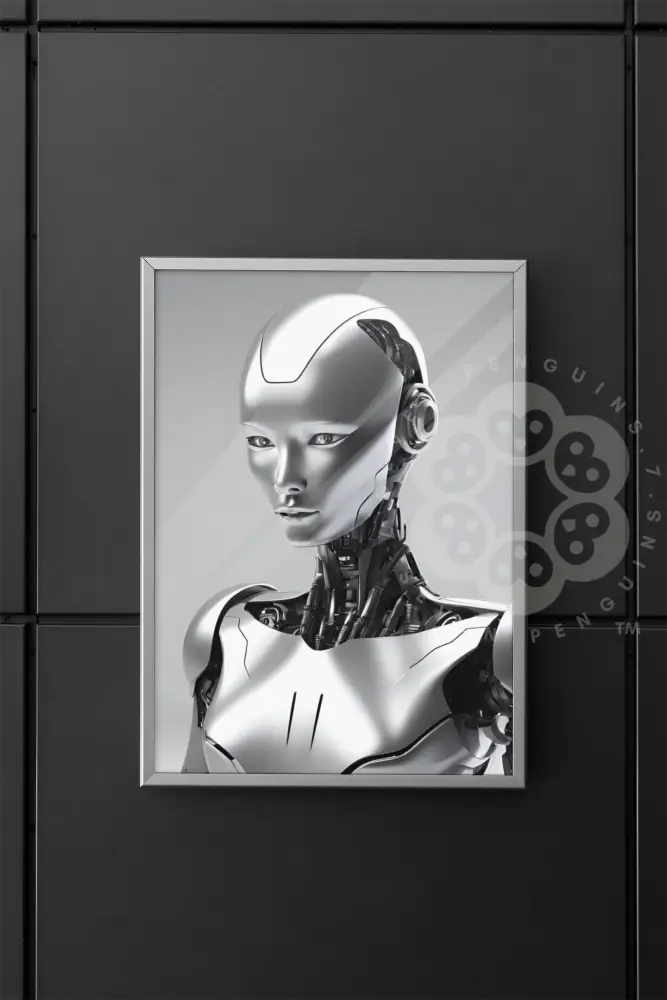 A minimalist silver humanoid robot with smooth contours and expressive, human-like eyes, representing the fusion of emotion and technology in a futuristic aesthetic.