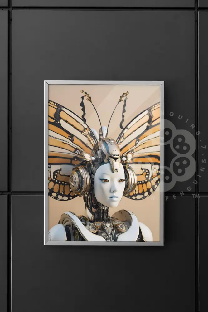 A humanoid robot adorned with intricate butterfly wings, featuring a harmonious blend of metallic components and natural motifs. This design showcases the theme of allure, merging nature's elegance with futuristic technology in a visually striking way.