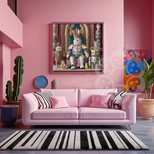 Whimsical wall art featuring a fantasy king sitting on a throne, flanked by a robot prince, a jester, and animal companions in a richly decorated royal setting.